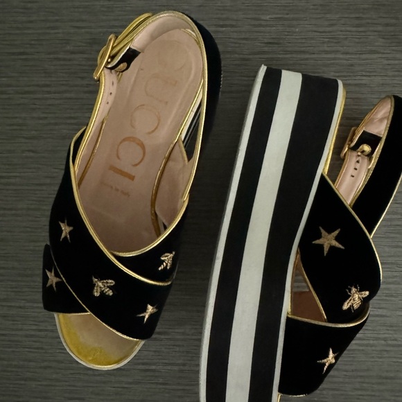 Gucci Bee Embroidered Criss Cross Platform Sandals Black Size 37 1/2 - Picture 12 of 14